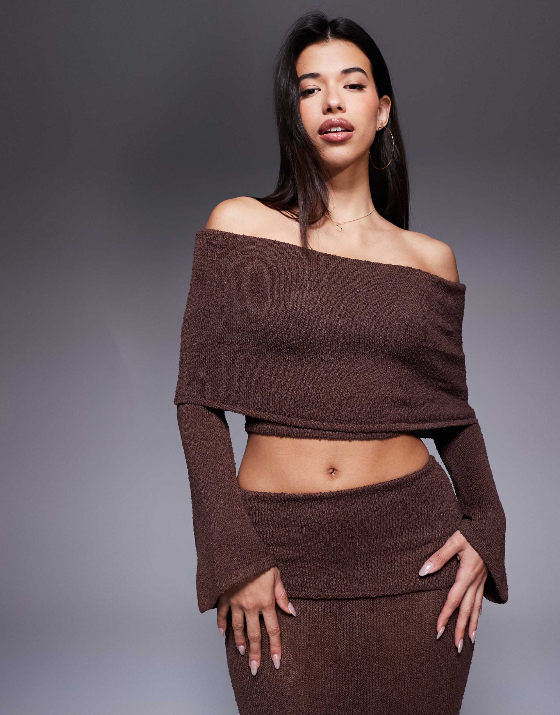 wanderdoll yasmin off the shoulder boucle knit dramatic foldover flared sleeve top in dark chocolate - part of a set