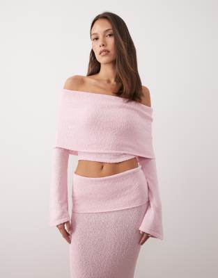 Wanderdoll Yasmin Off The Shoulder Bouclé Knit Dramatic Foldover Flared Sleeves Top In Pink