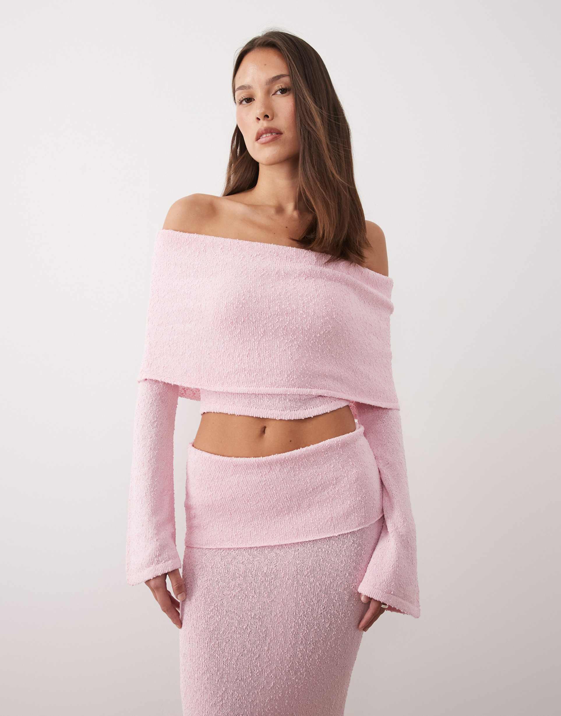 wanderdoll yasmin off the shoulder bouclé knit dramatic foldover flared sleeves top in baby pink - part of a set