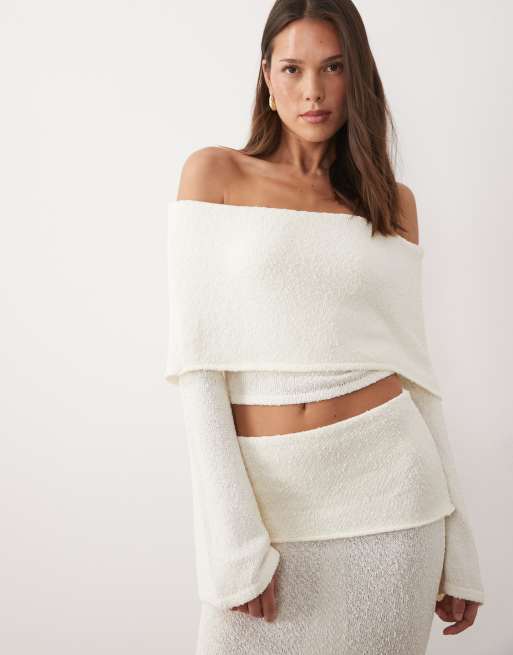 Wanderdoll Yasmin bardot boucle knit dramatic foldover flared sleeve top and maxi skirt co-ord in cream, 3 di 3