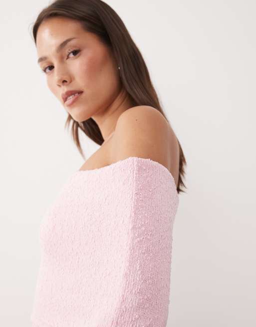 Wanderdoll - Yasmin - Top in maglia bouclé rosa confetto con maniche svasate e scollo con ampio risvolto in coordinato, 3 di 4