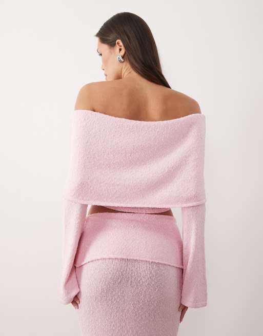 Wanderdoll - Yasmin - Top in maglia bouclé rosa confetto con maniche svasate e scollo con ampio risvolto in coordinato, 4 di 4