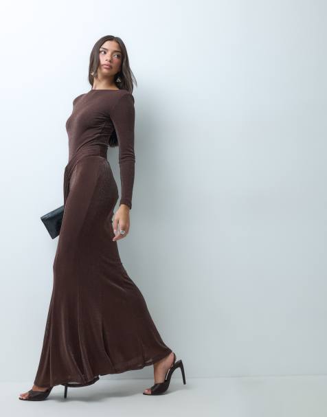 Wanderoll Nora sculpted drape front detail maxi skirt co-ord in chocolate glitter - view 1