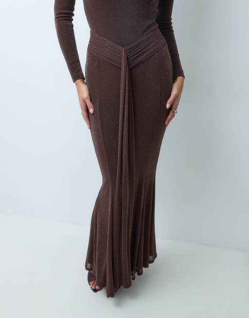 Wanderoll Nora sculpted drape front detail maxi skirt set in chocolate glitter, 2 of 5