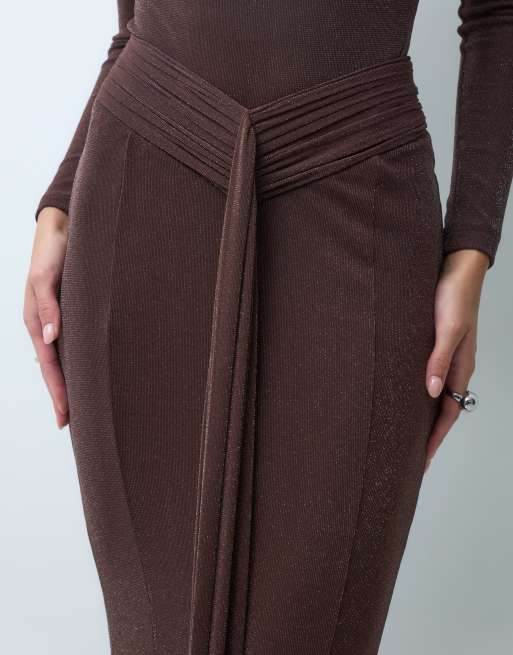 Wanderoll Nora sculpted drape front detail maxi skirt set in chocolate glitter, 4 of 5