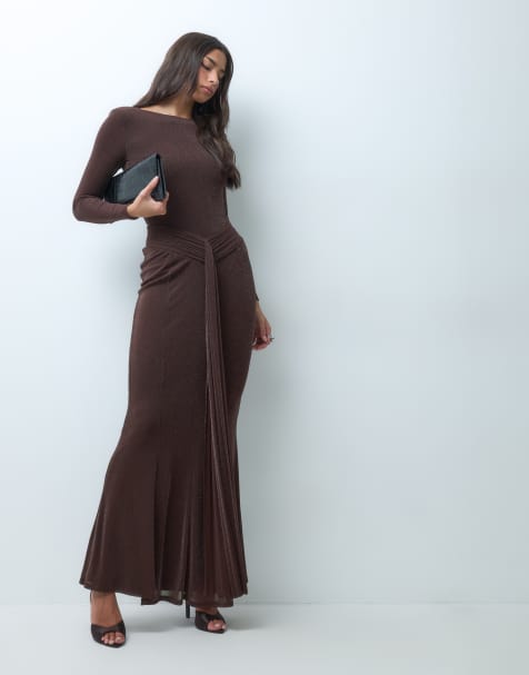 Wanderoll Nora sculpted slash neck shoulder pad detail bodysuit and drape detail maxi skirt co-ord in chocolate glitter - view 1