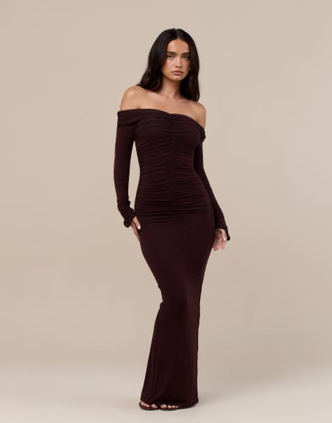 Wanderoll Tandie sculpted  bardot ruched detail maxi dress in chocolate - view 1