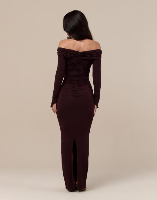 Wanderoll Tandie sculpted  bardot ruched detail maxi dress in chocolate, 2 of 4