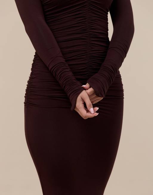 Wanderoll Tandie sculpted  bardot ruched detail maxi dress in chocolate, 4 of 4