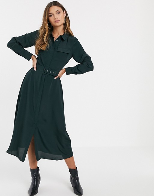 Warehouse belted midi shirt dress in green