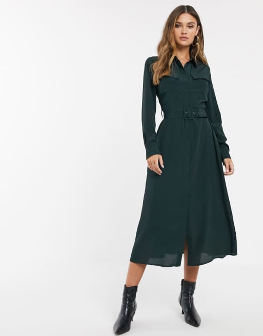 Warehouse Belted Midi Shirt Dress In Green Asos