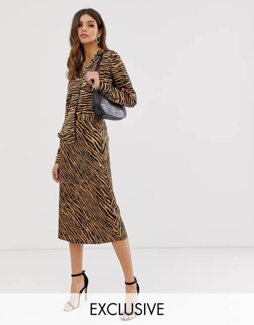 Warehouse bias cut midi skirt in tiger on sale print