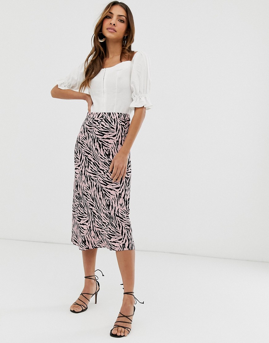 Warehouse bias cut midi skirt in zebra print-Pink