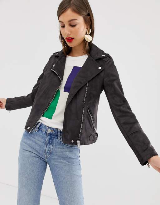 Warehouse biker jacket in faux suede in washed black