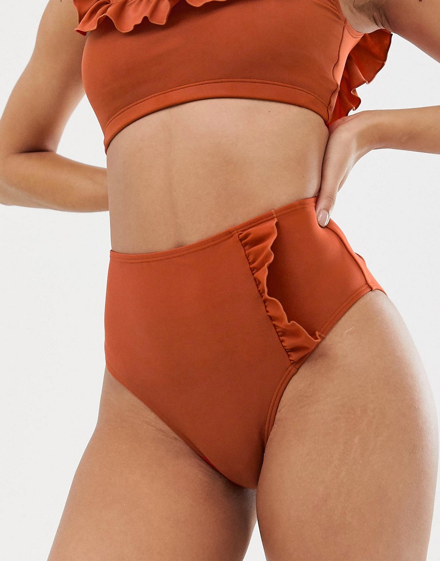 Warehouse bikini bottoms with frill detail in ginger-Orange