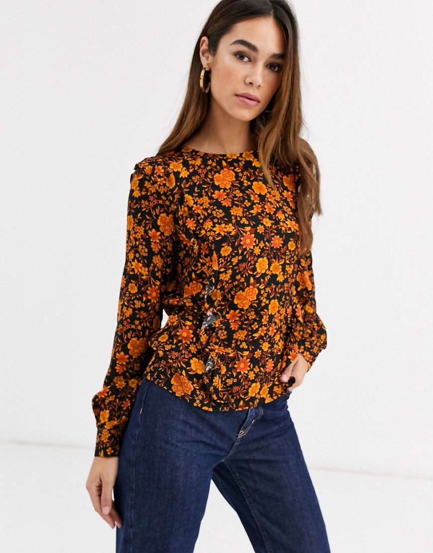 Warehouse blouse with ruffle detail in ditsy floral print-Orange