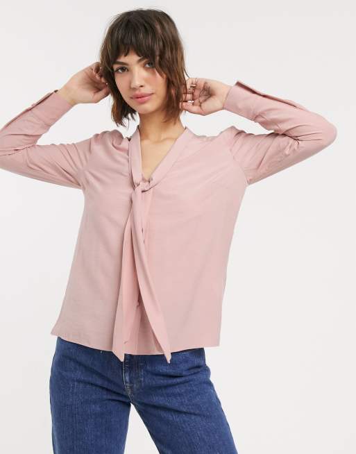 Warehouse blouse with tie neck in pink | ASOS