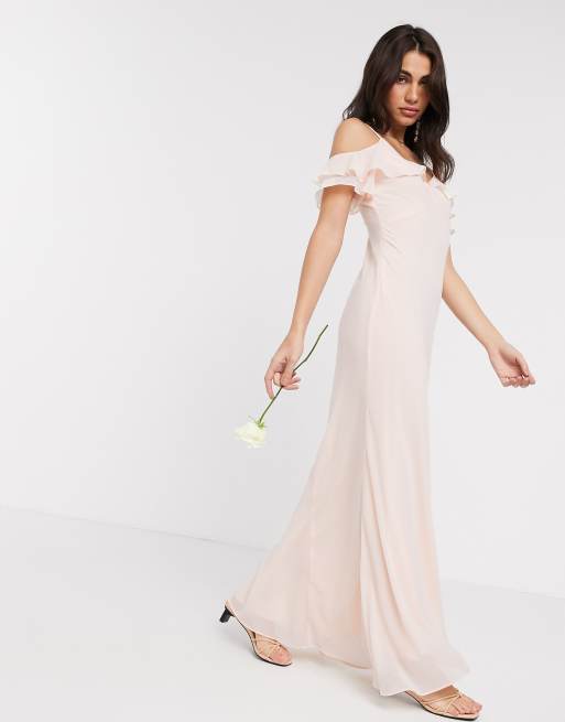 Warehouse bridesmaids cold shoulder frill maxi dress with button