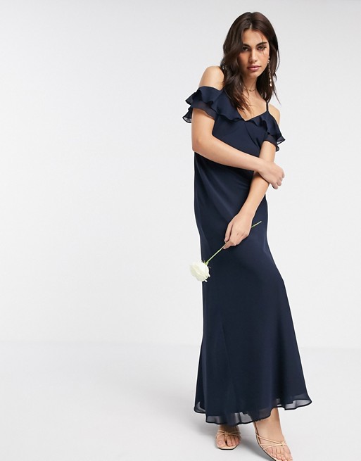 Warehouse bridesmaids cold shoulder frill maxi dress with button back in navy