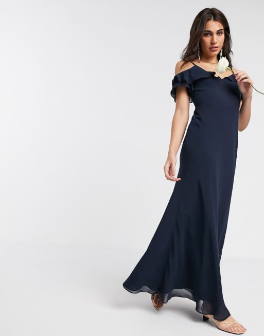 Warehouse bridesmaids cold shoulder frill maxi dress with button back in navy