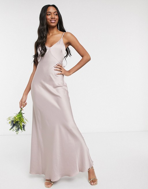 Warehouse bridesmaids satin cami maxi dress with bow back detail in taupe