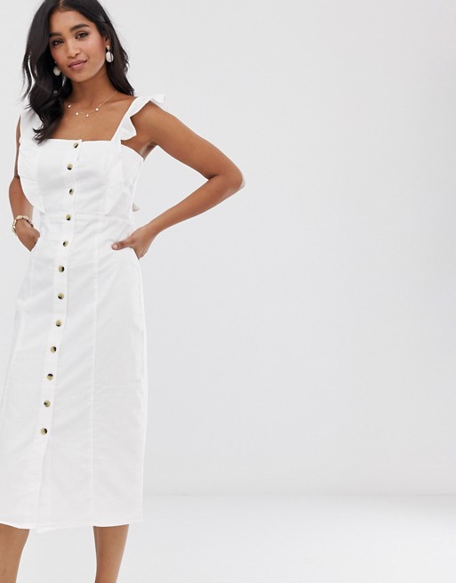 Warehouse button front midi dress with frill detail in white