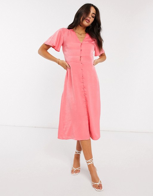 Warehouse button front satin midi dress in coral