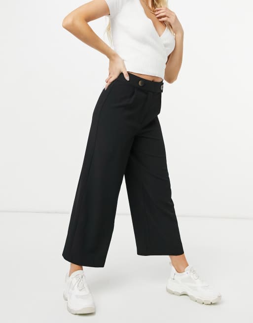 Warehouse button tab wide crop pants in black