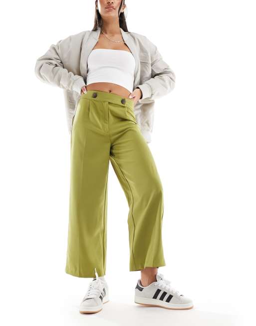 Warehouse button tab wide crop pants in khaki