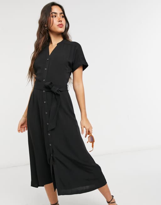 Warehouse button through midi dress in black | ASOS