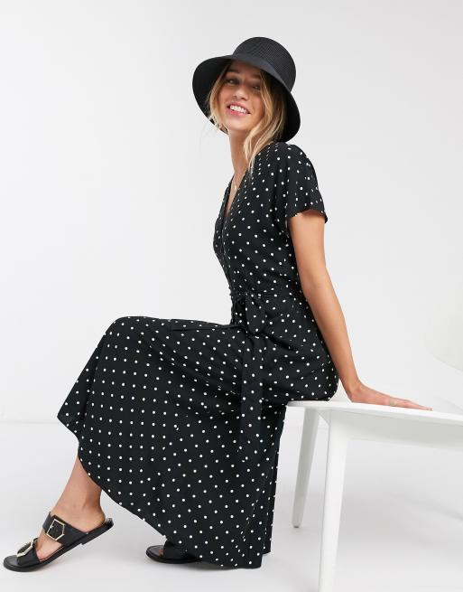 Warehouse button through polka dot midi dress in black