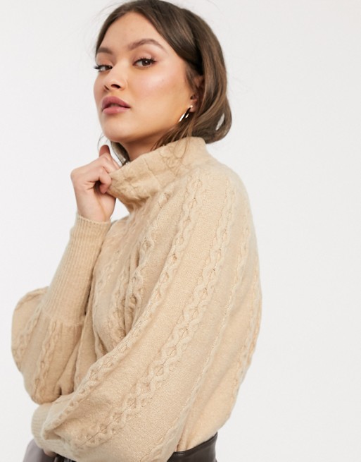 Warehouse cable jumper with high neck in camel