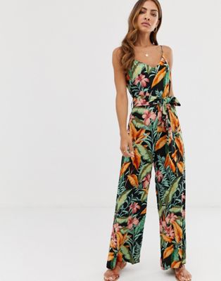 Warehouse cami jumpsuit with belt in tropical print | ASOS