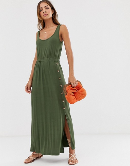 Warehouse cami maxi dress with button side in khaki