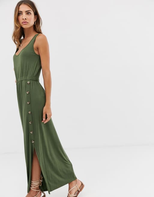 Warehouse cami maxi dress with button side in khaki