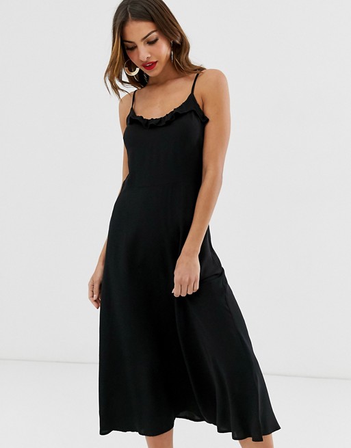 Warehouse cami midi dress with frill detail in black