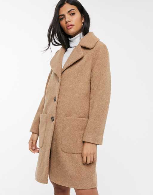 Warehouse - Cappotto in ecopelliccia effetto peluche cammello