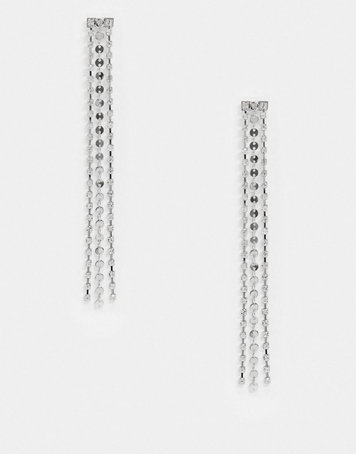 Warehouse chain diamante drop earrings in silver