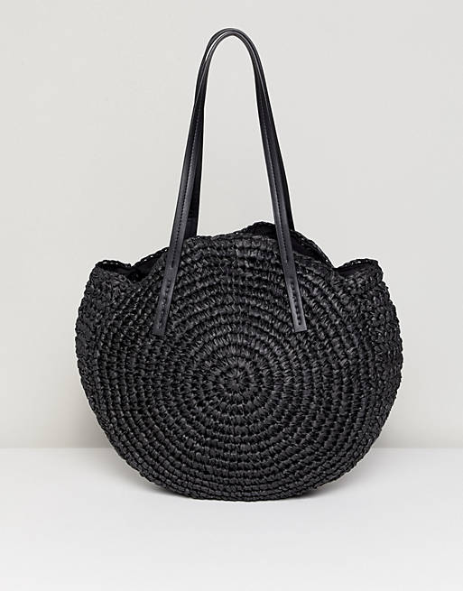 Warehouse circle straw bag in black
