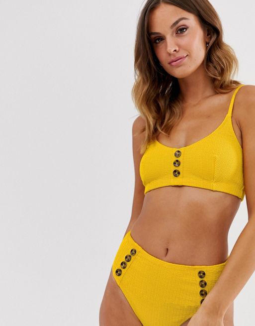 Yellow Crinkle Scoop Neck Bikini Top
