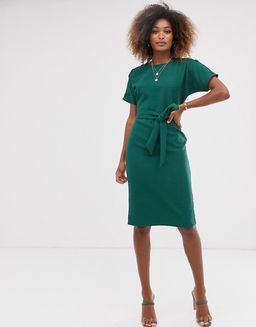 Warehouse crinkle dress with belt in green