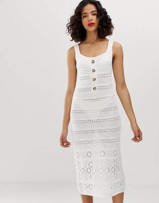 Warehouse crochet dress with buttons in ivory | ASOS