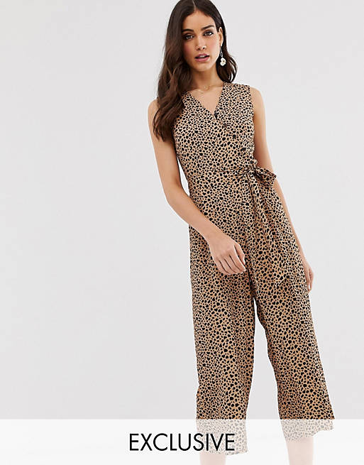 Warehouse cropped jumpsuit with belt in leopard print | ASOS
