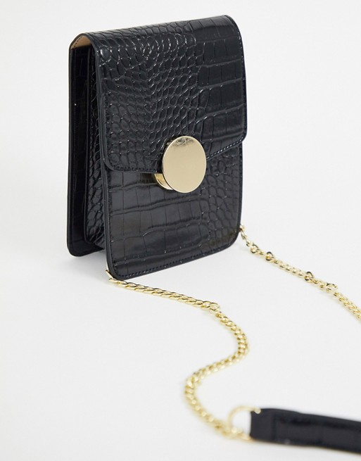 Warehouse crossbody bag with clasp detail in black croc