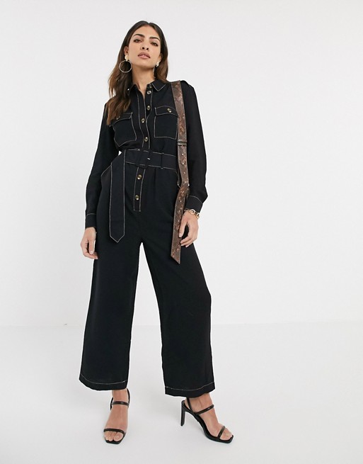 Warehouse denim jumpsuit with contrast stitching in black