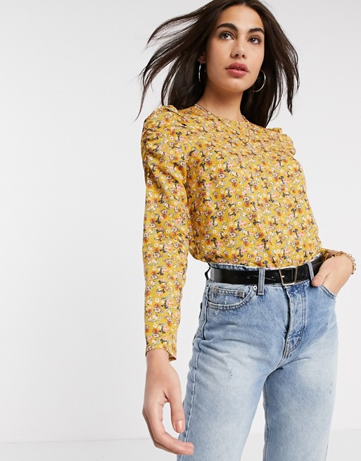 Warehouse ditsy floral frill front blouse in yellow