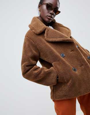 Warehouse double breasted teddy coat in tobacco