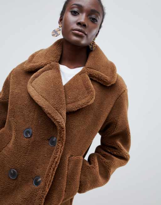 Warehouse double breasted teddy coat in tobacco