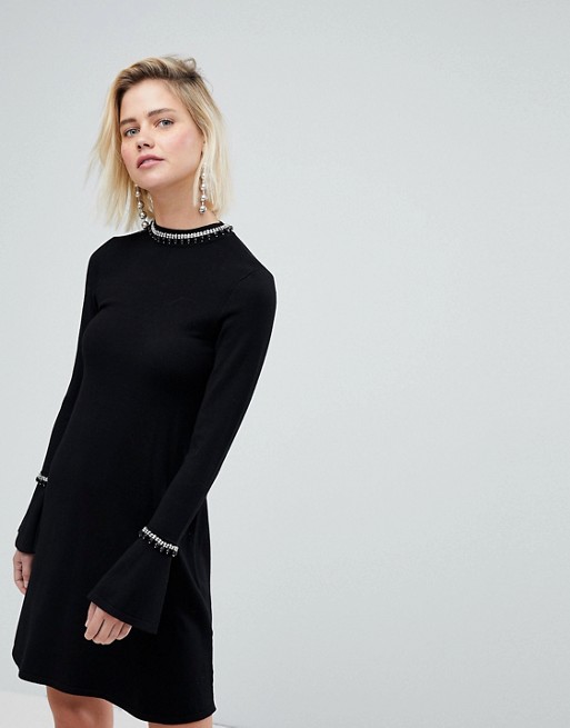 Αποτέλεσμα εικόνας για Warehouse knit dress with embellished neck in black