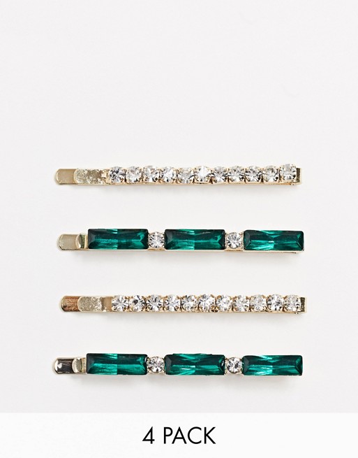 Warehouse emerald and diamante 4 pack hair slides